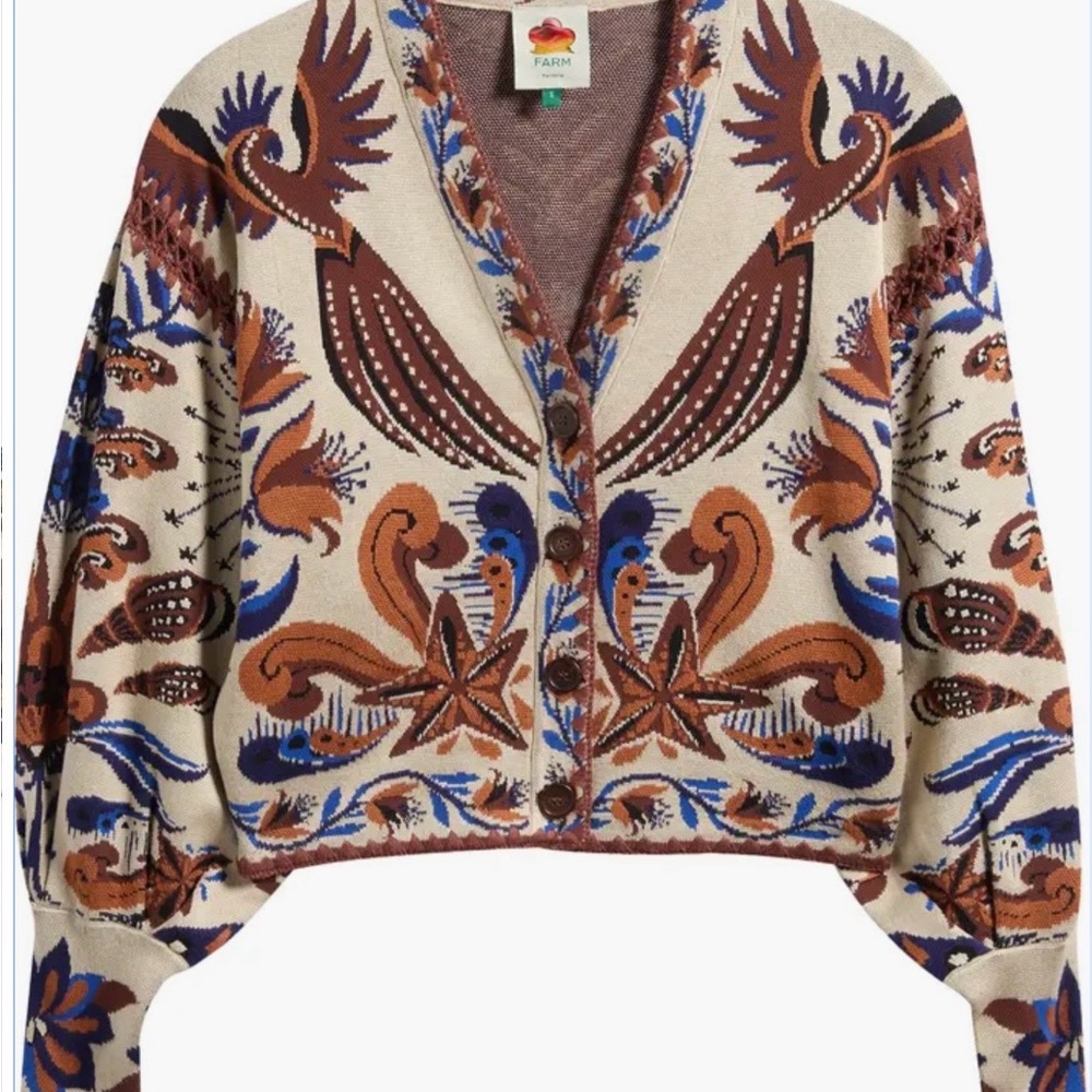 FARM Rio Floral Jacquard Button-Front Cardigan in Cream, Brown & Blue - Picture 3 of 7